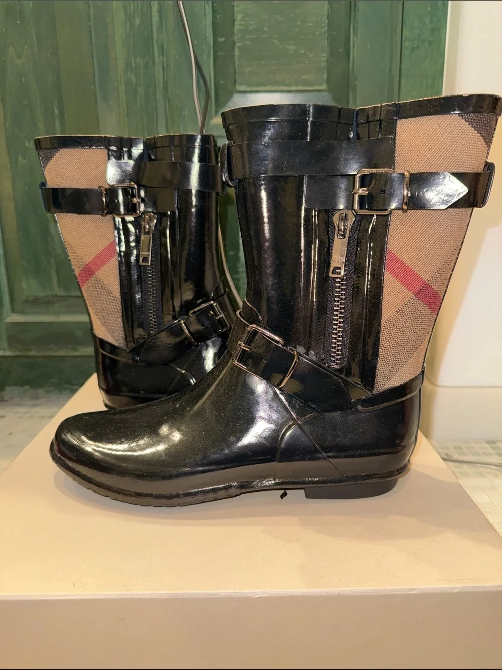 Burberry Black & Tan Patent Check Rain Boots with Buckles